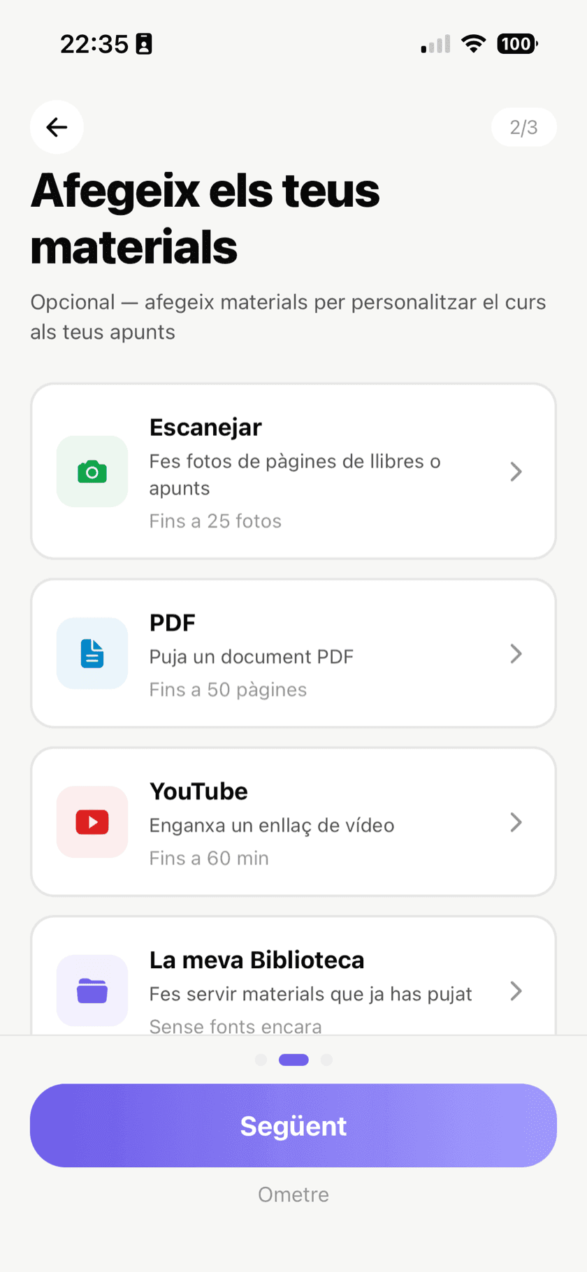 Pantalla de lliçó mostrant contingut basat en fonts