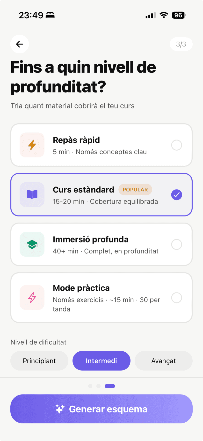 Pantalla de creació de curs mostrant opcions de profunditat