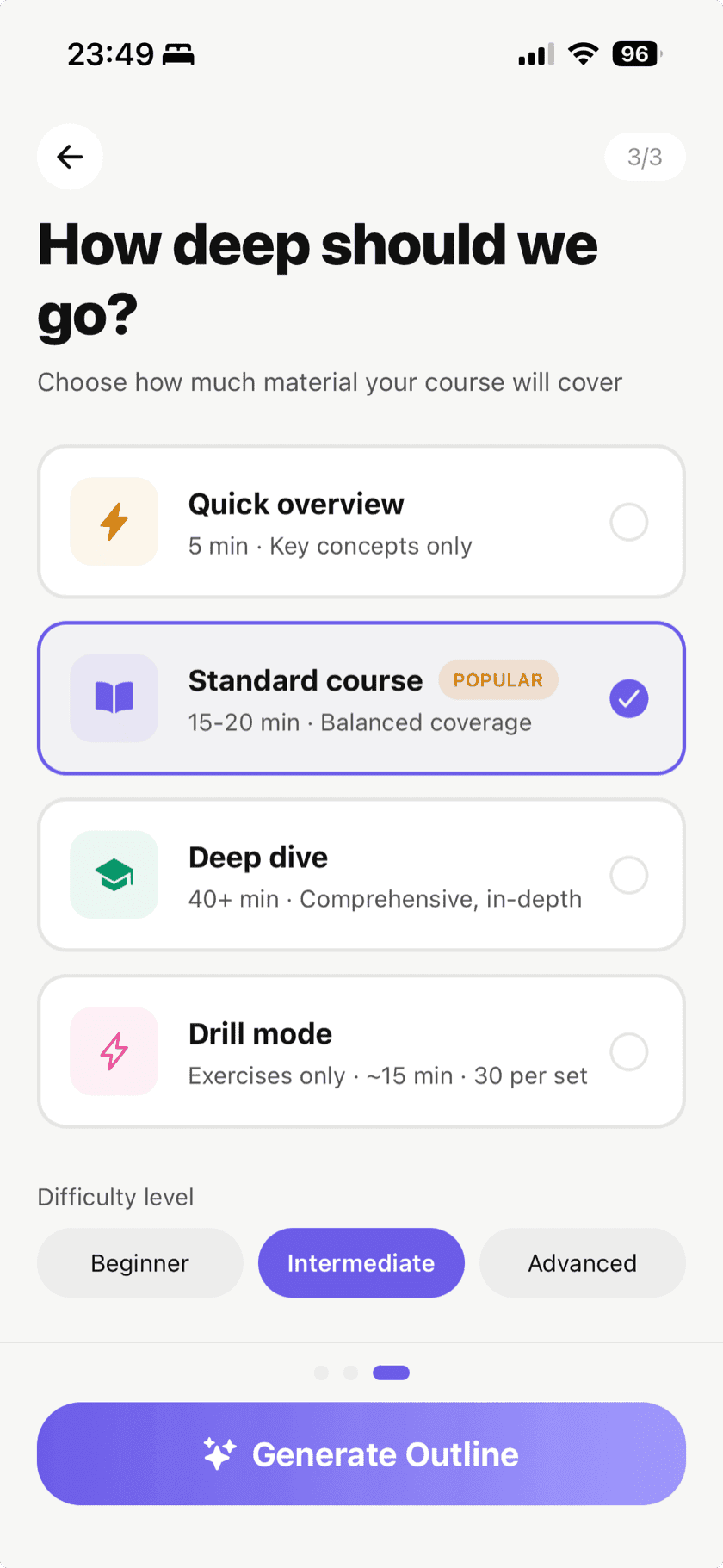 Course creation screen showing depth options