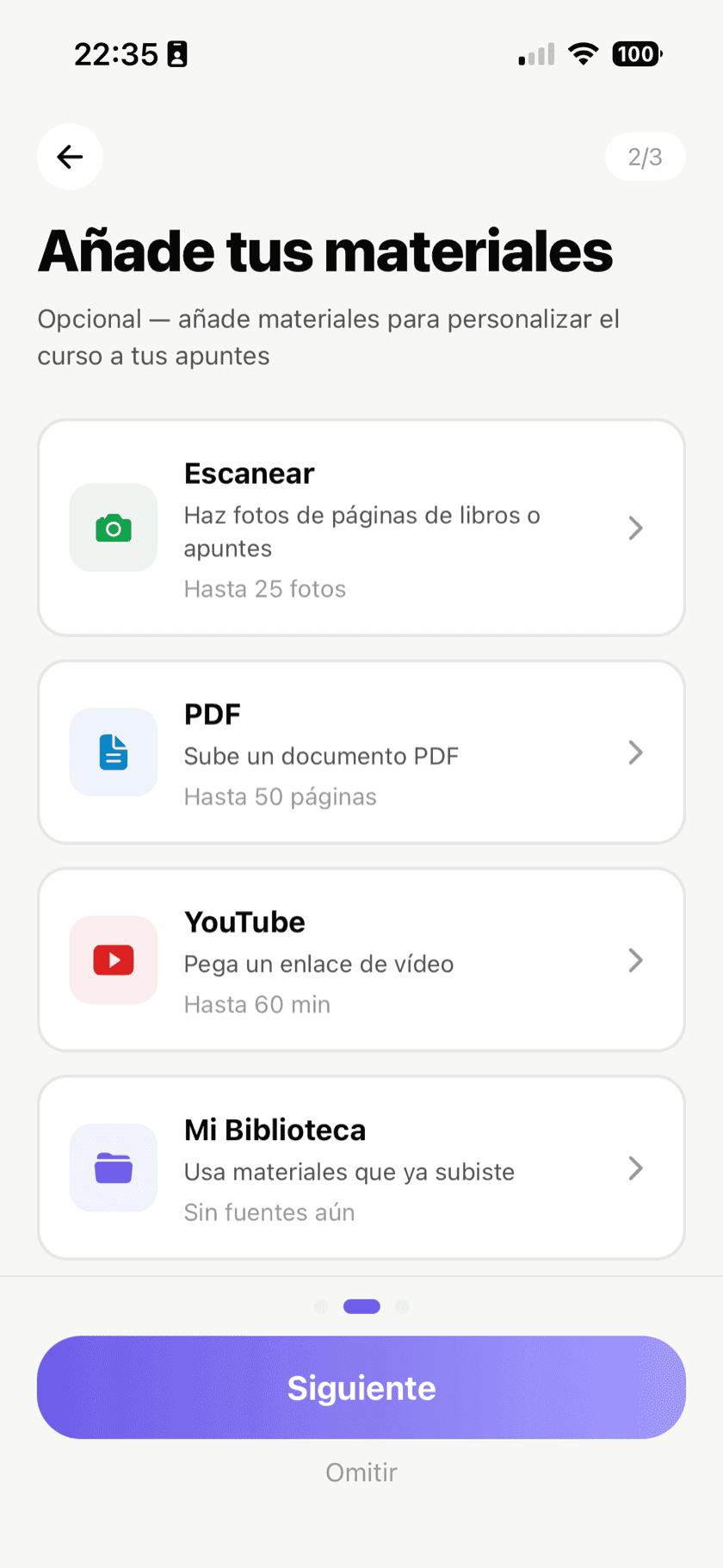 Pantalla de lección mostrando contenido basado en fuentes