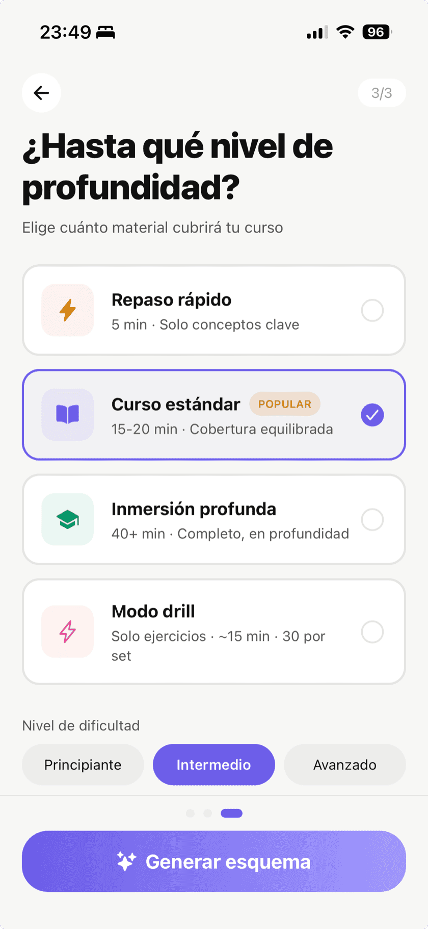 Pantalla de creación de curso mostrando opciones de profundidad