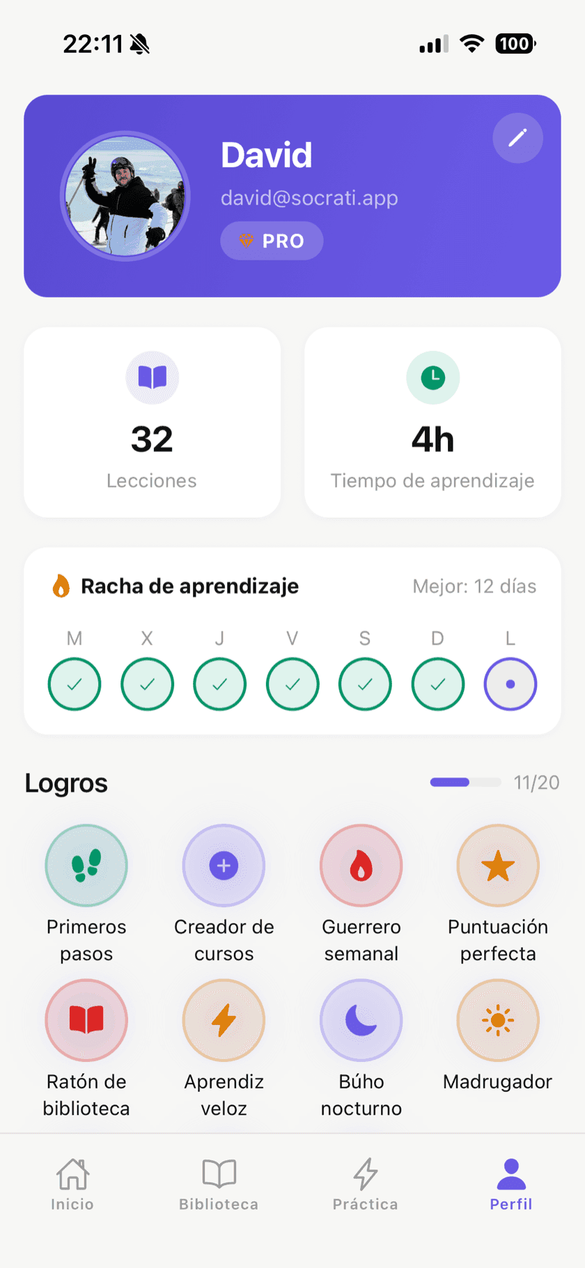 Pantalla de inicio mostrando rachas y progreso de XP