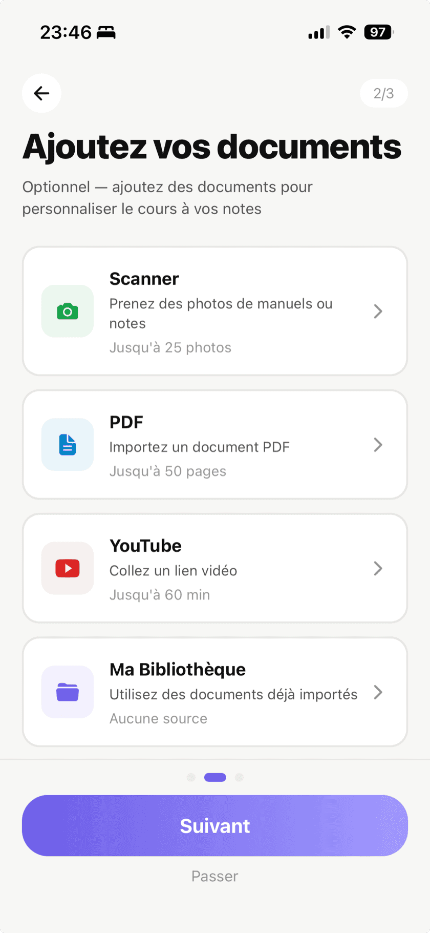 Écran de leçon affichant du contenu basé sur les sources