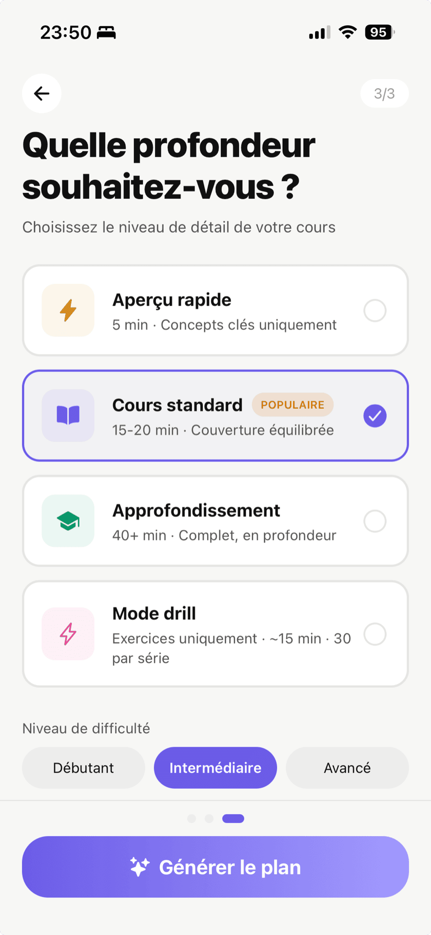 Écran de création de cours affichant les options de profondeur