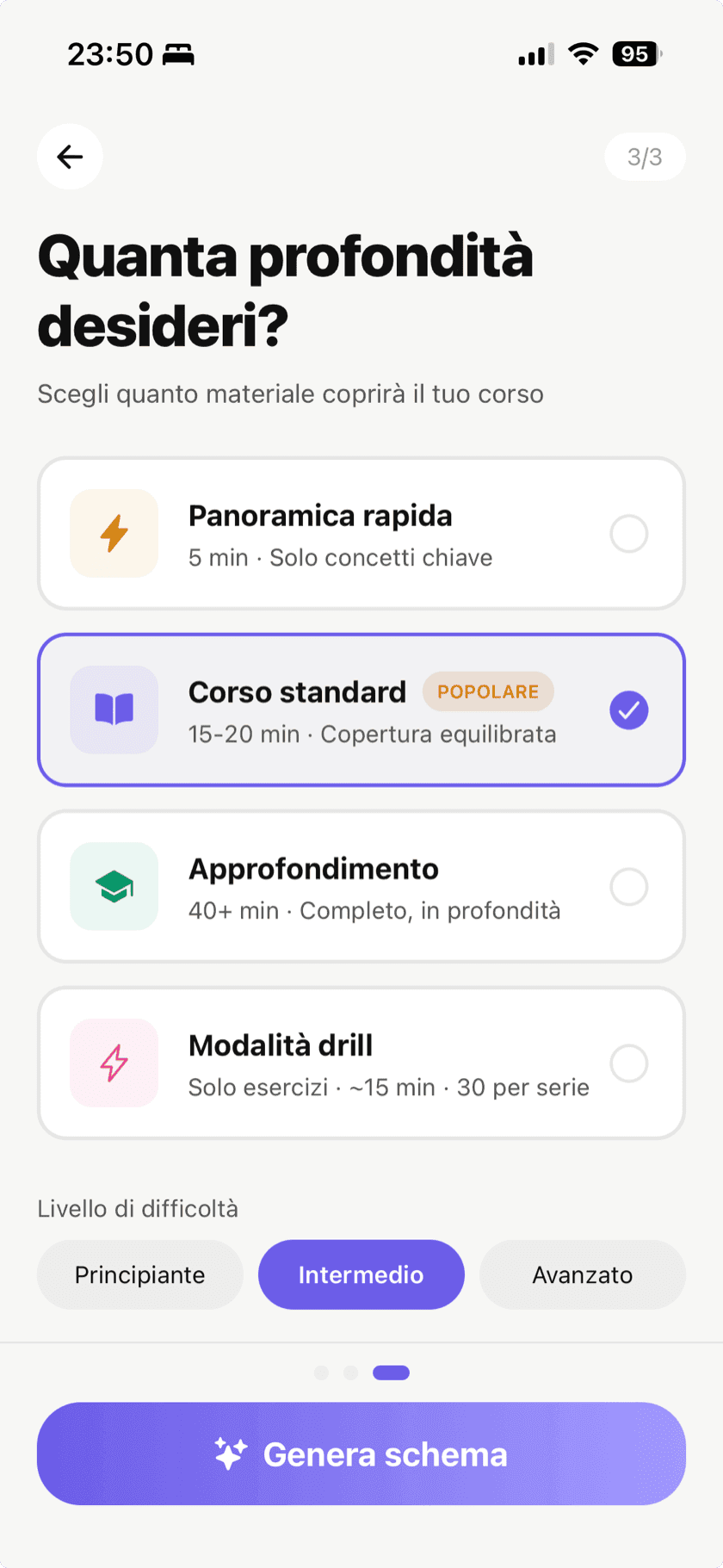 Schermata di creazione del corso con le opzioni di profondità