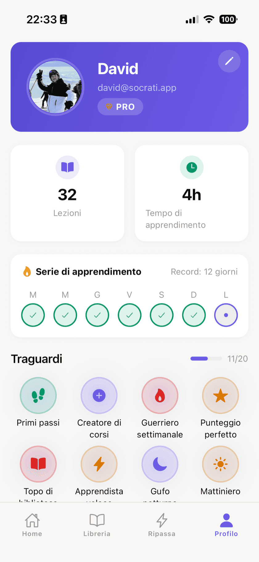 Schermata principale con serie e progressi XP