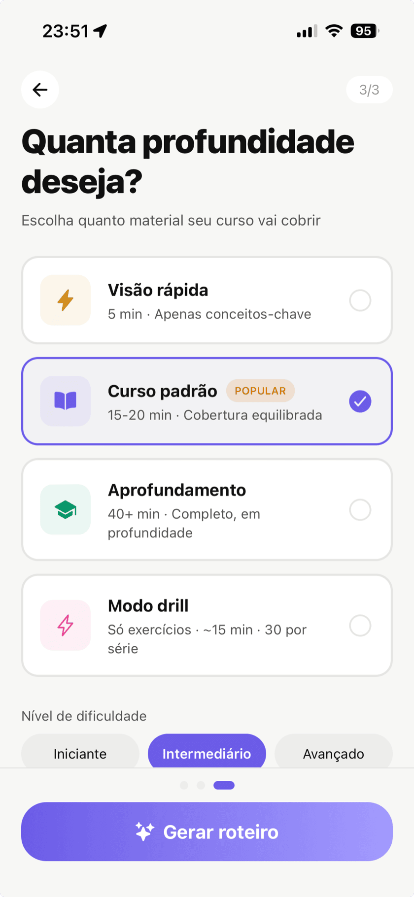 Tela de criação de curso mostrando opções de profundidade