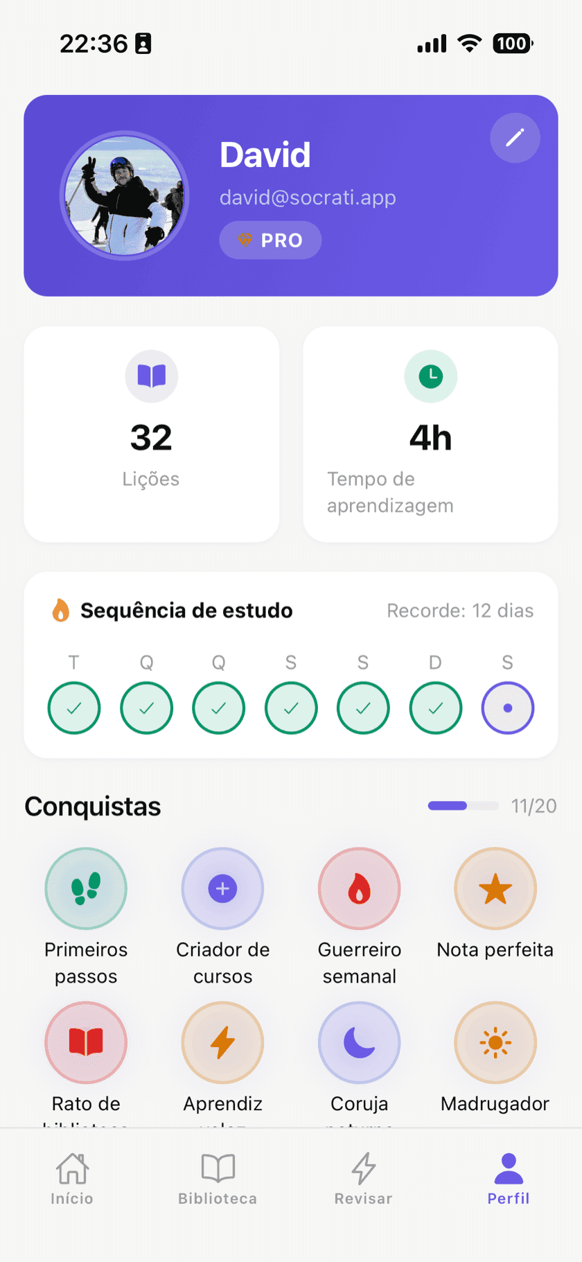 Tela inicial mostrando sequências e progresso de XP